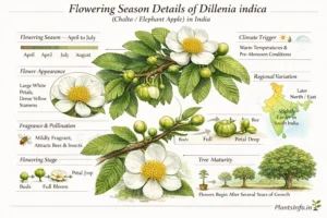 Semi-infographic botanical illustration of Dillenia indica (Chalta / Elephant Apple) flowering season in India, showing a branch with buds, blooming white flowers with yellow stamens, and early fruit set, along with labeled sections for flowering months (April–July), pollination, climate triggers, regional variation map, flowering stages, and plant maturity.