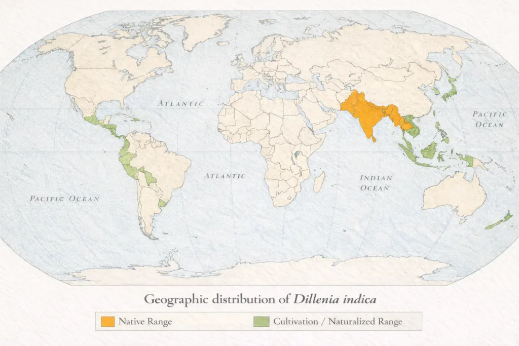 Scientific botanical atlas world map of Dillenia indica distribution showing native range in South and Southeast Asia (India, Bangladesh, Sri Lanka, Myanmar, Thailand, Malaysia, Indonesia) in orange, and limited cultivated or naturalised regions in green.
