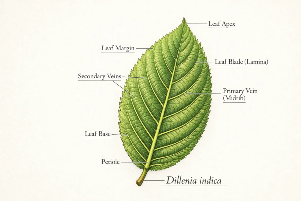 Scientific botanical illustration of Dillenia indica leaf showing simple oblong to obovate lamina with serrate margin, pinnate venation, midrib, secondary veins, petiole, apex, and base labeled.