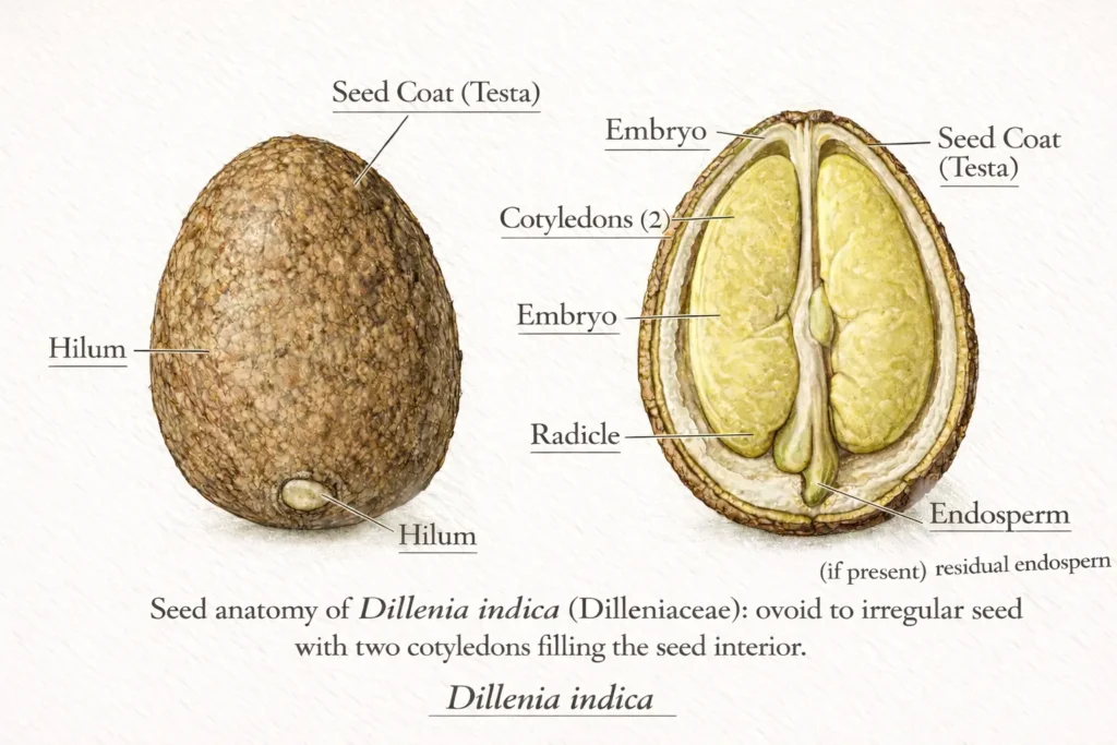 Scientific botanical atlas illustration of Dillenia indica seed showing external view and longitudinal section with seed coat (testa), embryo, two cotyledons, radicle, hilum, and residual endosperm (if present).