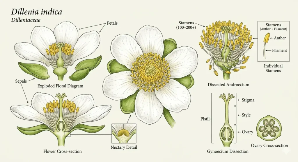 A detailed scientific botanical illustration of Dillenia indica (Elephant Apple) showing a multi-view dissection. The image features a white actinomorphic flower with a yellow stamen cluster, an exploded view of sepals and petals, a longitudinal cross-section, and a labeled gynoecium highlighting the stigma, style, and ovary.
