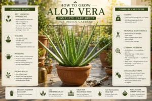 Infographic showing how to grow and care for aloe vera in Indian gardens, including sunlight, watering, soil mix, propagation, and climate care tips.