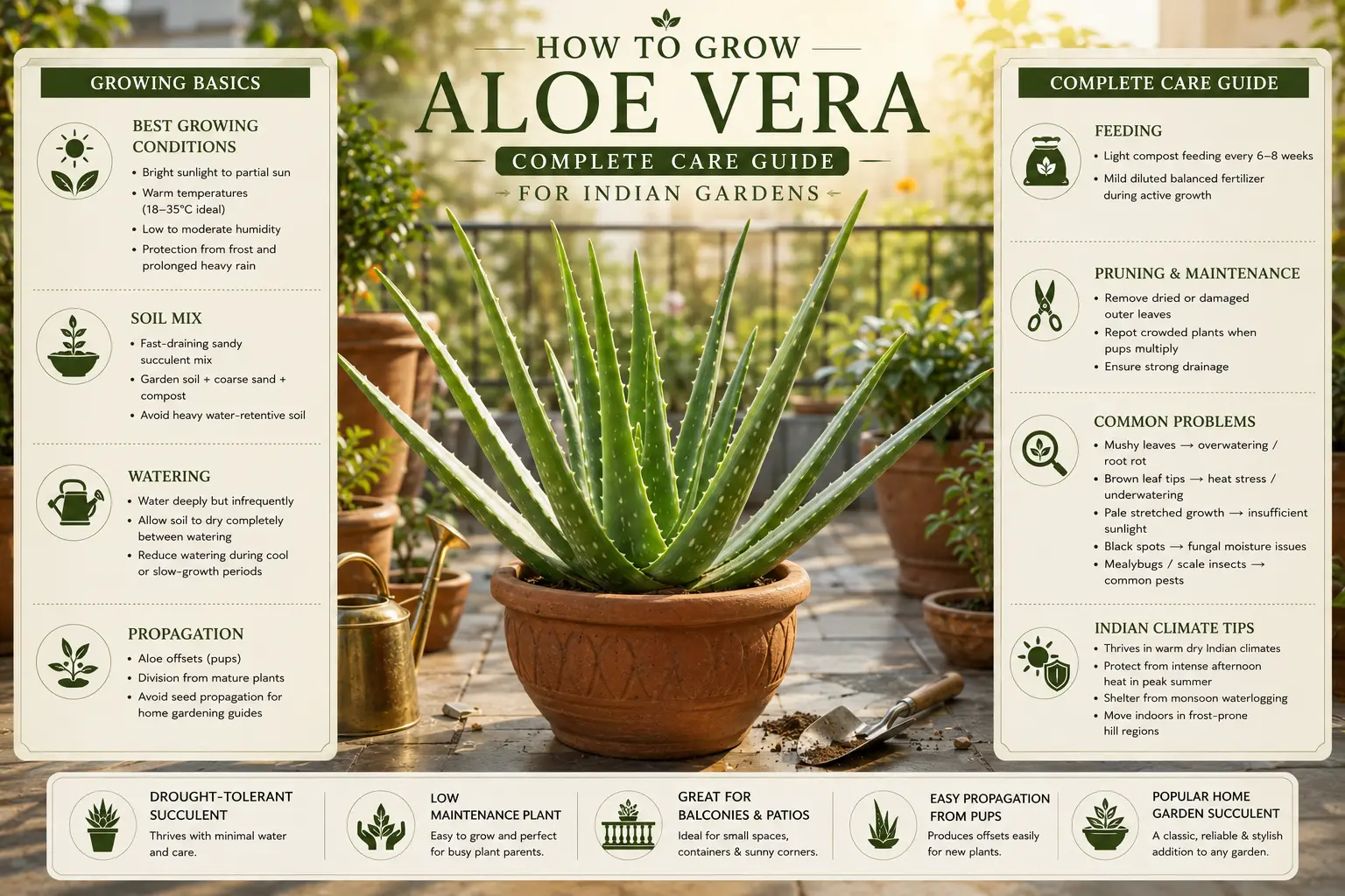 Infographic showing how to grow and care for aloe vera in Indian gardens, including sunlight, watering, soil mix, propagation, and climate care tips.