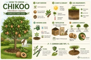 Semi-infographic botanical illustration showing how to grow chikoo (Manilkara zapota), including sunlight, soil, watering, fertilization, and harvesting guide with tree and fruit visuals