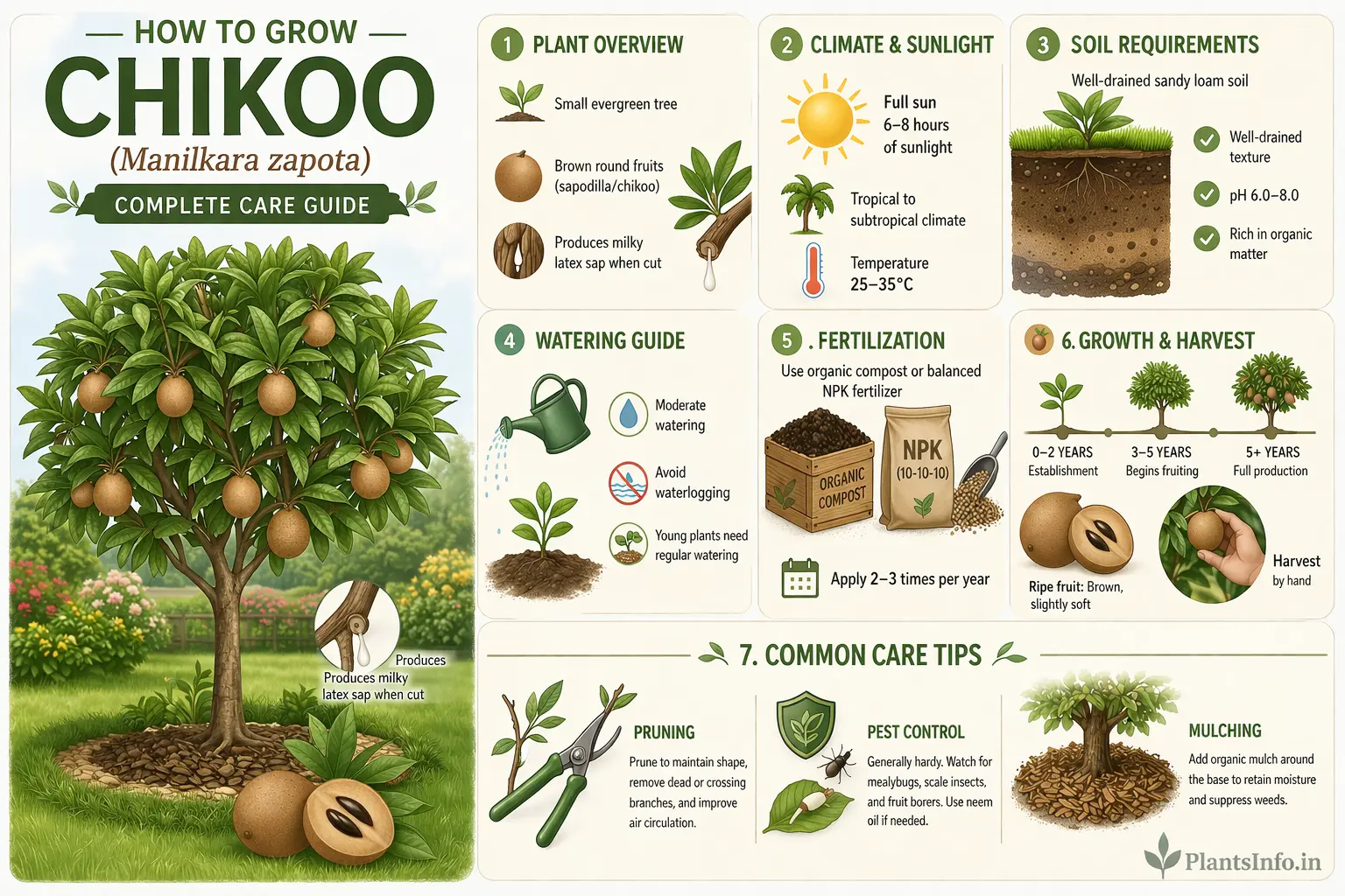 Semi-infographic botanical illustration showing how to grow chikoo (Manilkara zapota), including sunlight, soil, watering, fertilization, and harvesting guide with tree and fruit visuals
