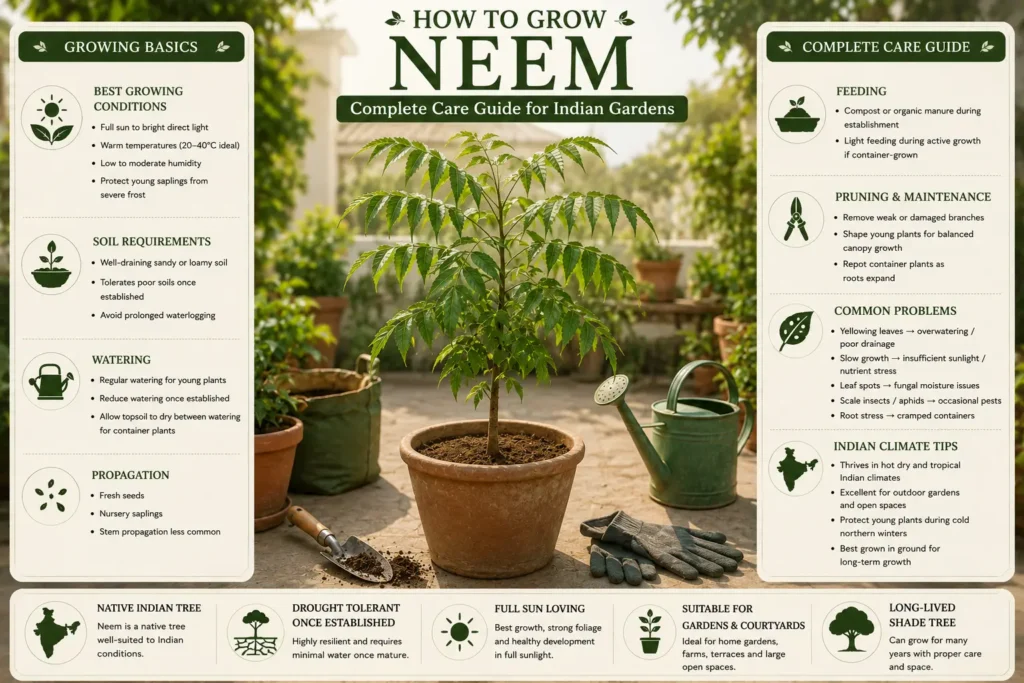 Infographic showing how to grow and care for neem in Indian gardens, including sunlight, watering, soil, propagation, and climate care tips.