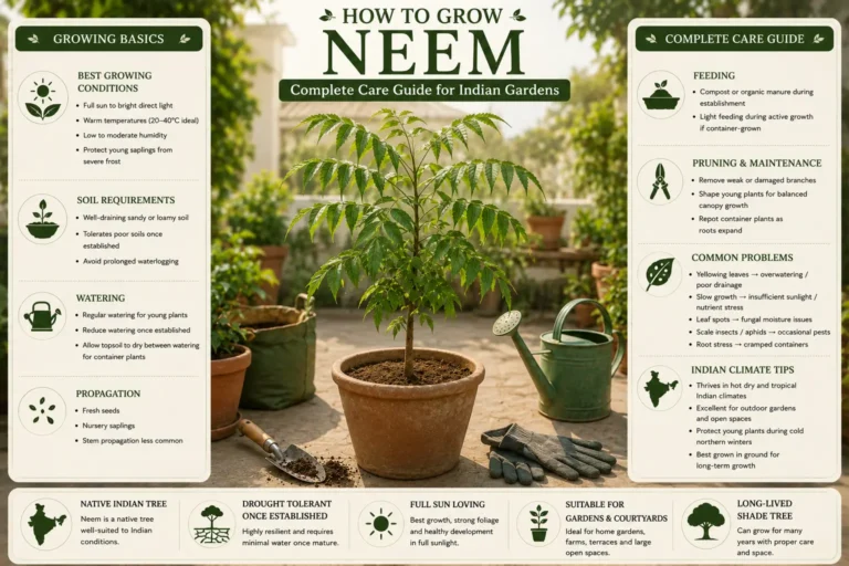 Infographic showing how to grow and care for neem in Indian gardens, including sunlight, watering, soil, propagation, and climate care tips.