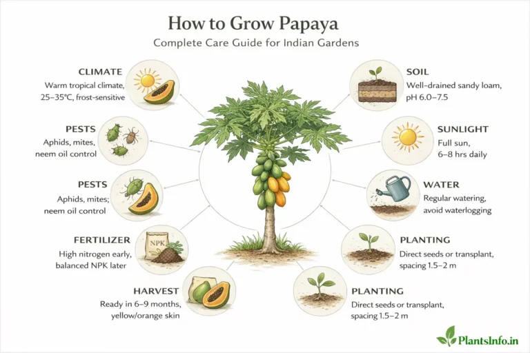 Semi-infographic botanical illustration showing how to grow papaya with a central Carica papaya plant and eight labeled care factors including climate, soil, sunlight, water, planting, fertilizer, pests, and harvest in a clean scientific style.