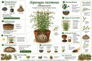 Shatavari care guide infographic showing how to grow Asparagus racemosus in Indian gardens, including planting, soil, sunlight, watering, feeding, harvesting, and common problems.