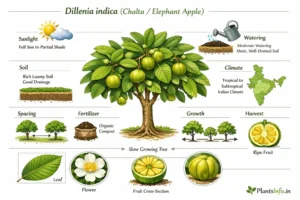 Semi-infographic cultivation guide of Dillenia indica (Chalta / Elephant Apple) showing mature tree, sunlight, watering, soil, climate, spacing, fertilizer, growth stages, harvest, and botanical details including leaf, flower, and fruit cross-section.