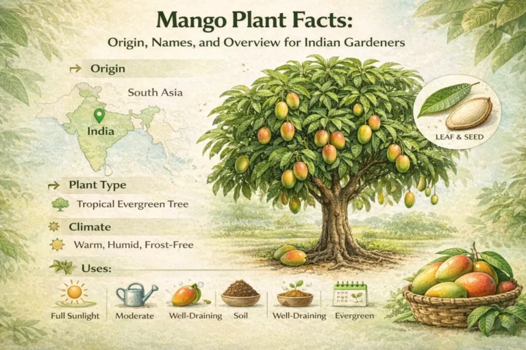 Botanical infographic of mango plant (Mangifera indica) showing tree, fruits, leaf and seed, origin in India, common names in Indian languages, climate, uses, and gardening requirements