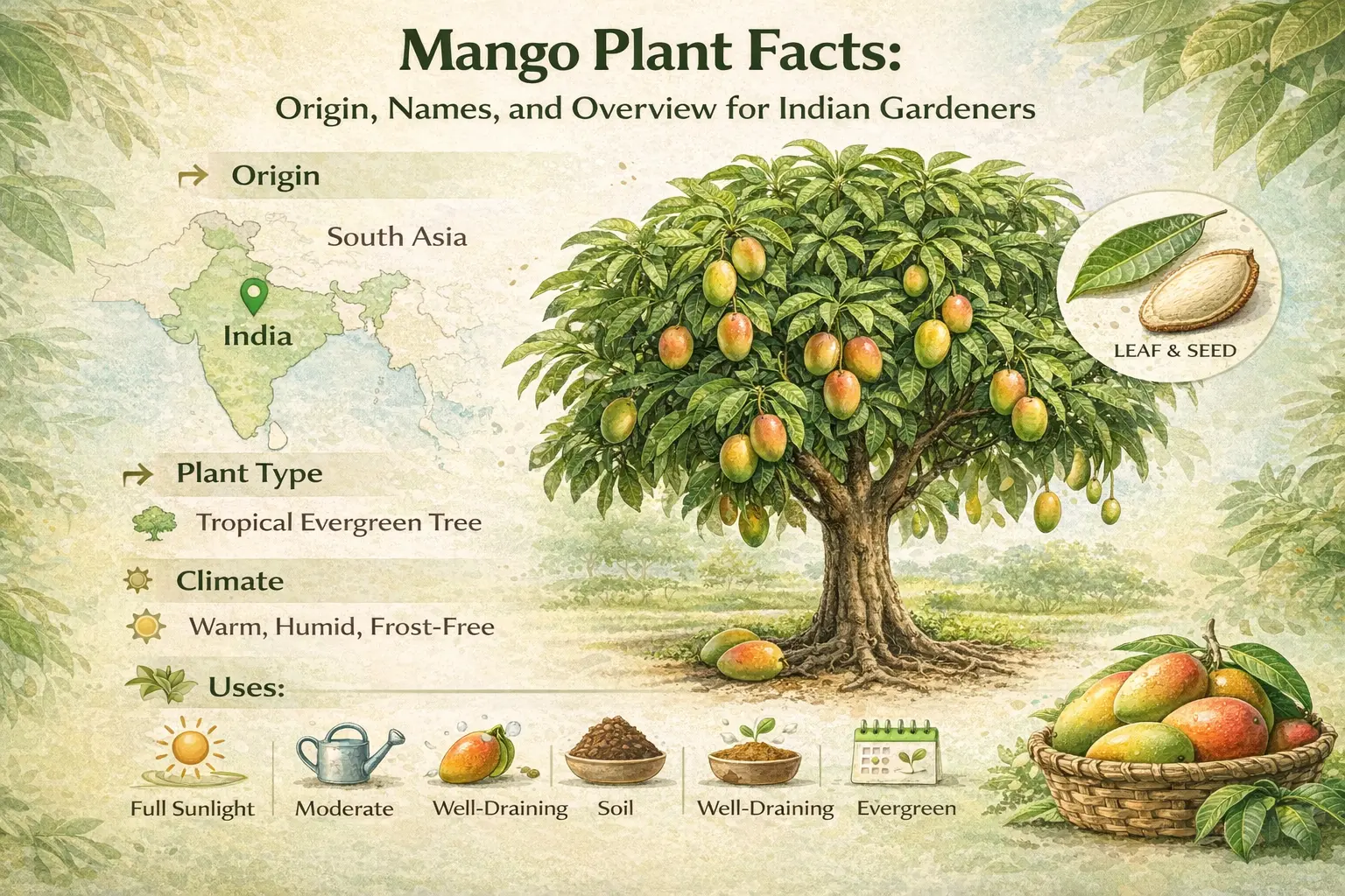 Botanical infographic of mango plant (Mangifera indica) showing tree, fruits, leaf and seed, origin in India, common names in Indian languages, climate, uses, and gardening requirements