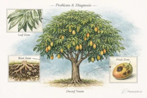Botanical atlas illustration of Mango tree (Mangifera indica) showing problems and diagnosis with powdery mildew on leaves, root rot damage, and anthracnose spots on fruit, labeled leaf, root, and fruit zones.