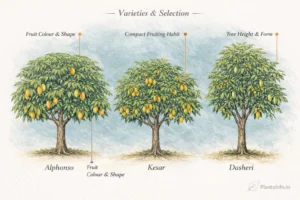 Botanical atlas comparison of Mango varieties Alphonso, Kesar, and Dasheri showing differences in fruit colour and shape, compact fruiting habit, and tree height and form with labeled callouts.