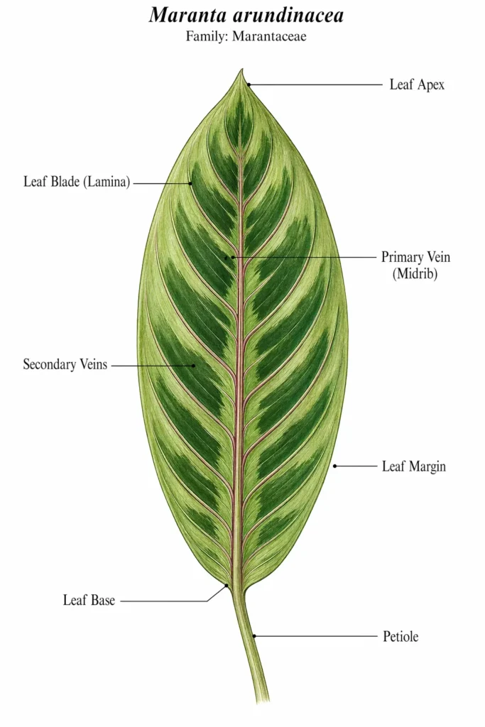 Botanical illustration of Maranta arundinacea leaf morphology showing a simple oblong-lanceolate leaf with entire margin, pinnate venation, and labeled leaf blade, petiole, midrib, secondary veins, apex, base, and margin