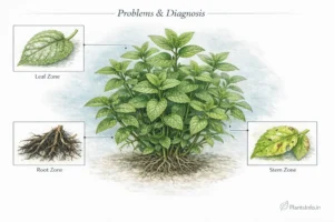 Botanical atlas illustration of a mint plant (Mentha) showing common problems including powdery mildew on leaves, root rot in fibrous roots, and leaf damage from pests, with labeled leaf, root, and stem zones.