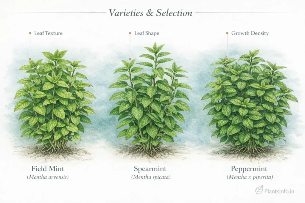 Botanical atlas illustration comparing three mint varieties—Field Mint (Mentha arvensis), Spearmint (Mentha spicata), and Peppermint (Mentha × piperita)—highlighting differences in leaf texture, leaf shape, and growth density.
