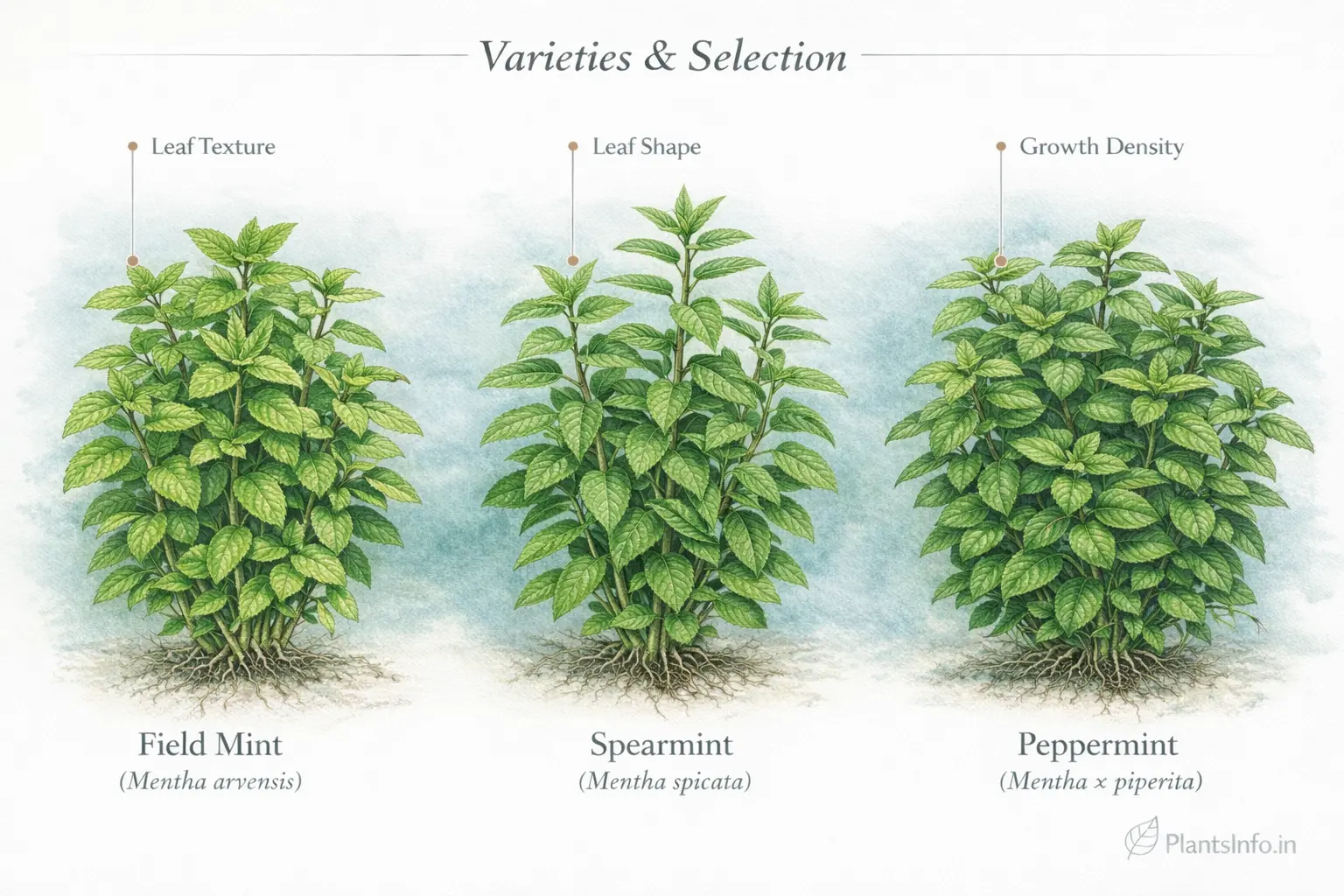 Botanical atlas illustration comparing three mint varieties—Field Mint (Mentha arvensis), Spearmint (Mentha spicata), and Peppermint (Mentha × piperita)—highlighting differences in leaf texture, leaf shape, and growth density.