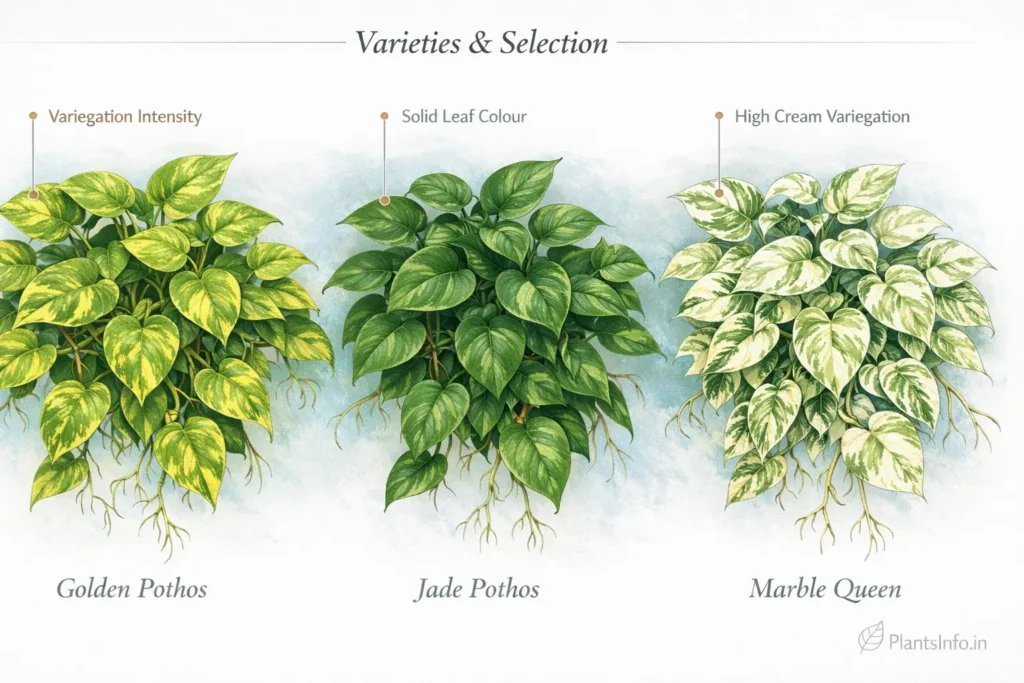 Botanical atlas illustration comparing three money plant varieties—Golden Pothos with yellow-green variegation, Jade Pothos with solid green leaves, and Marble Queen with cream-white marbling, shown with labeled distinguishing features.