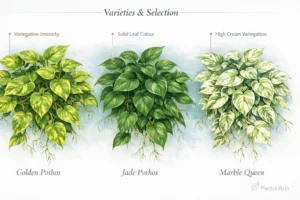 Botanical atlas illustration comparing three money plant varieties—Golden Pothos with yellow-green variegation, Jade Pothos with solid green leaves, and Marble Queen with cream-white marbling, shown with labeled distinguishing features.