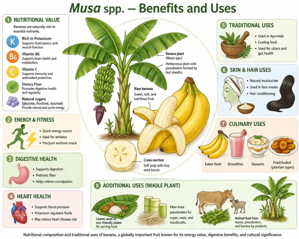 Botanical infographic of banana (Musa spp.) showing nutritional value, health benefits, traditional uses, and food applications; scientific illustration.