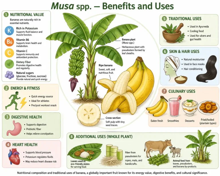 Botanical infographic of banana (Musa spp.) showing nutritional value, health benefits, traditional uses, and food applications; scientific illustration.