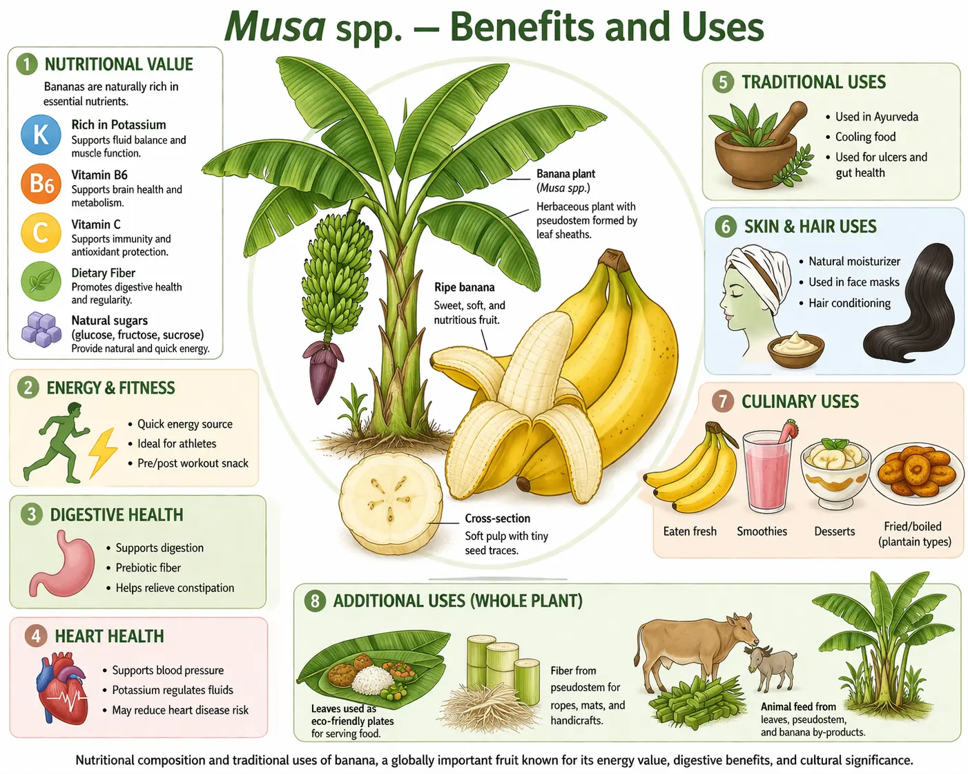Botanical infographic of banana (Musa spp.) showing nutritional value, health benefits, traditional uses, and food applications; scientific illustration.