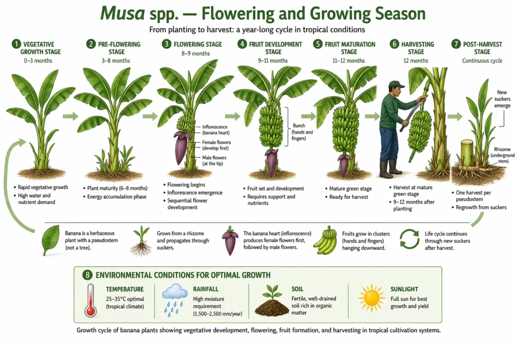 Botanical infographic of banana (Musa spp.) showing flowering stage, fruit development, harvesting cycle, and seasonal growth pattern; scientific illustration.