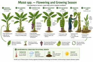 Botanical infographic of banana (Musa spp.) showing flowering stage, fruit development, harvesting cycle, and seasonal growth pattern; scientific illustration.