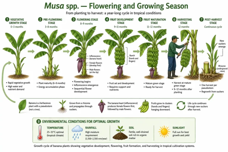 Botanical infographic of banana (Musa spp.) showing flowering stage, fruit development, harvesting cycle, and seasonal growth pattern; scientific illustration.