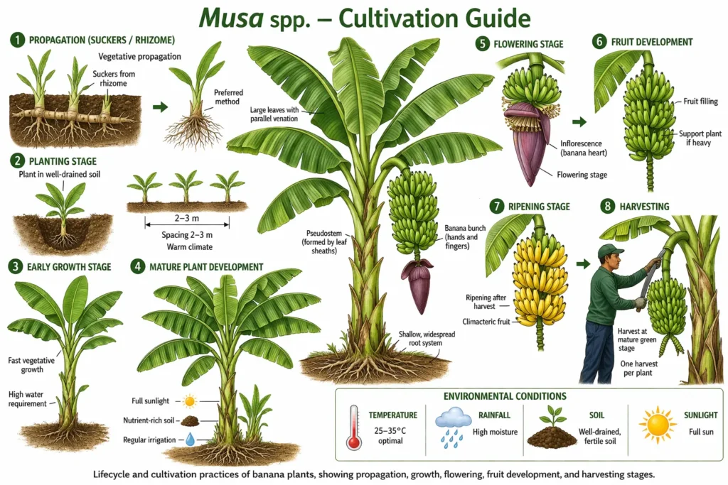 Botanical diagram of banana plant (Musa spp.) showing propagation, growth stages, flowering, fruiting, and harvesting; scientific cultivation guide illustration.