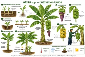Botanical diagram of banana plant (Musa spp.) showing propagation, growth stages, flowering, fruiting, and harvesting; scientific cultivation guide illustration.