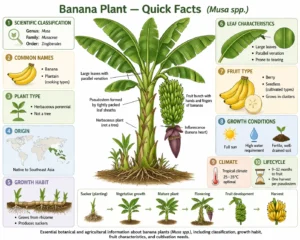 Botanical infographic of banana plant (Musa spp.) showing classification, growth habit, fruit type, origin, and key facts; scientific illustration.