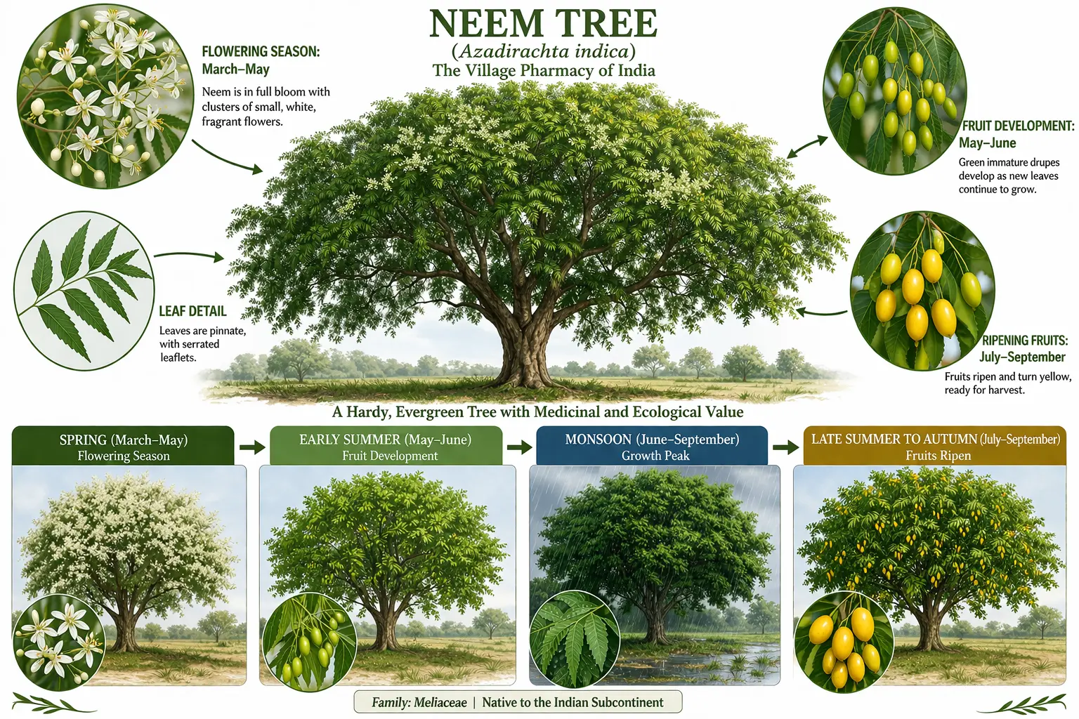 Scientific botanical illustration of Neem tree (Azadirachta indica) showing flowering and growth cycle in India across seasons, including spring flowers, early summer fruit development, monsoon foliage growth, and ripening yellow fruits, with detailed leaf, flower, and fruit insets.