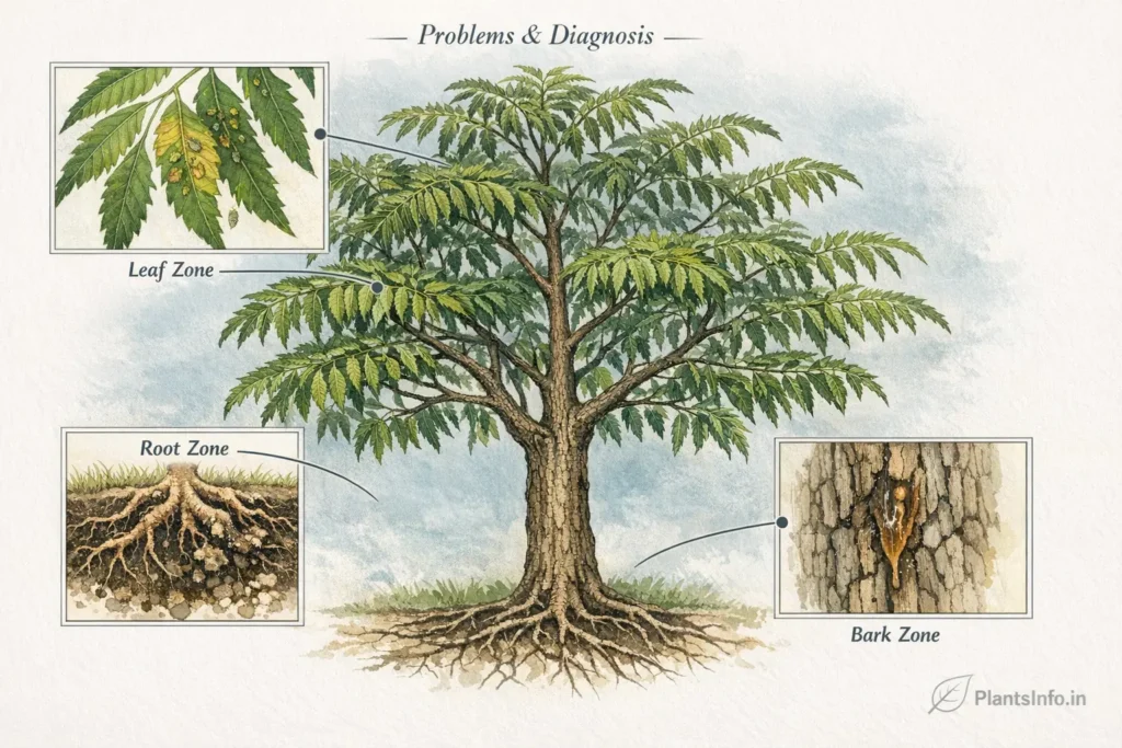 Botanical atlas illustration of Neem tree (Azadirachta indica) showing problems and diagnosis with leaf chlorosis and pests, root rot damage, and bark lesions with sap oozing, labeled leaf, root, and bark zones.