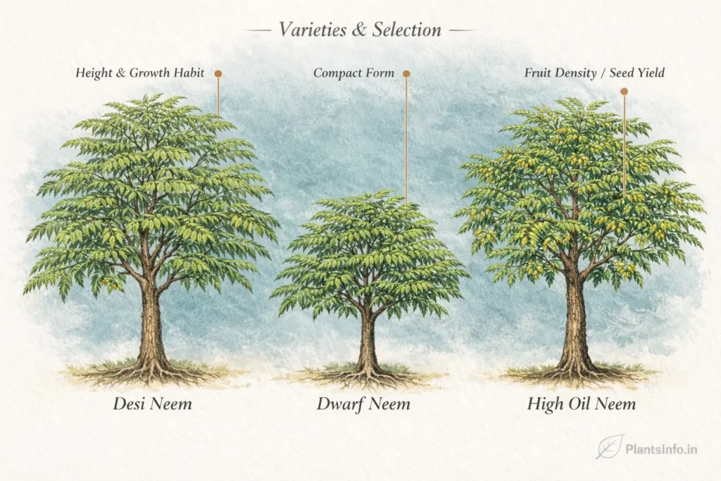 Botanical atlas comparison of Neem tree varieties showing Desi Neem, Dwarf Neem, and High Oil Neem with differences in growth habit, compact form, and fruit density, illustrated with labeled callouts.