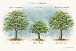 Botanical atlas comparison of Neem tree varieties showing Desi Neem, Dwarf Neem, and High Oil Neem with differences in growth habit, compact form, and fruit density, illustrated with labeled callouts.