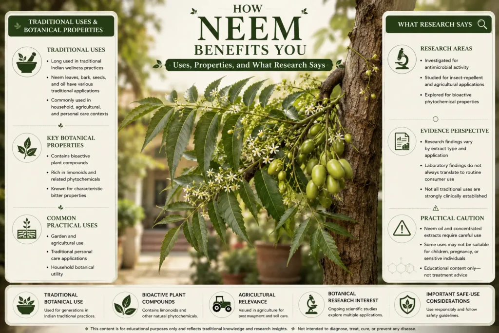 Infographic explaining neem uses, botanical properties, traditional applications, research areas, and safety considerations.