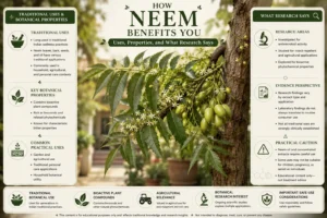 Infographic explaining neem uses, botanical properties, traditional applications, research areas, and safety considerations.