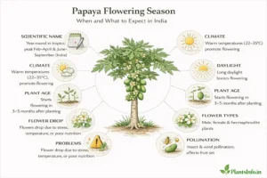 Semi-infographic botanical illustration of Carica papaya flowering stage showing flowers and early fruits with key information on flowering time, climate, pollination, fruit set, and common problems in India arranged in a radial layout