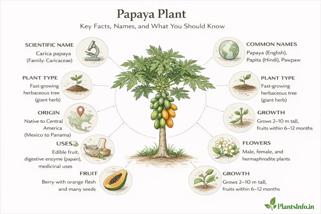 Semi-infographic botanical illustration of the Carica papaya plant showing key facts including scientific name, common names, origin, growth, flowers, fruit type, uses, and plant characteristics in a clean radial layout.