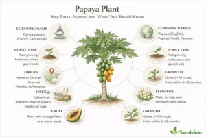 Semi-infographic botanical illustration of the Carica papaya plant showing key facts including scientific name, common names, origin, growth, flowers, fruit type, uses, and plant characteristics in a clean radial layout.