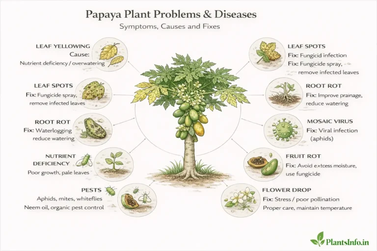 Semi-infographic botanical illustration of Carica papaya showing common plant problems and diseases including leaf yellowing, leaf spots, root rot, mosaic virus, fruit rot, pests, nutrient deficiency, and flower drop with causes and fixes in a radial layout.