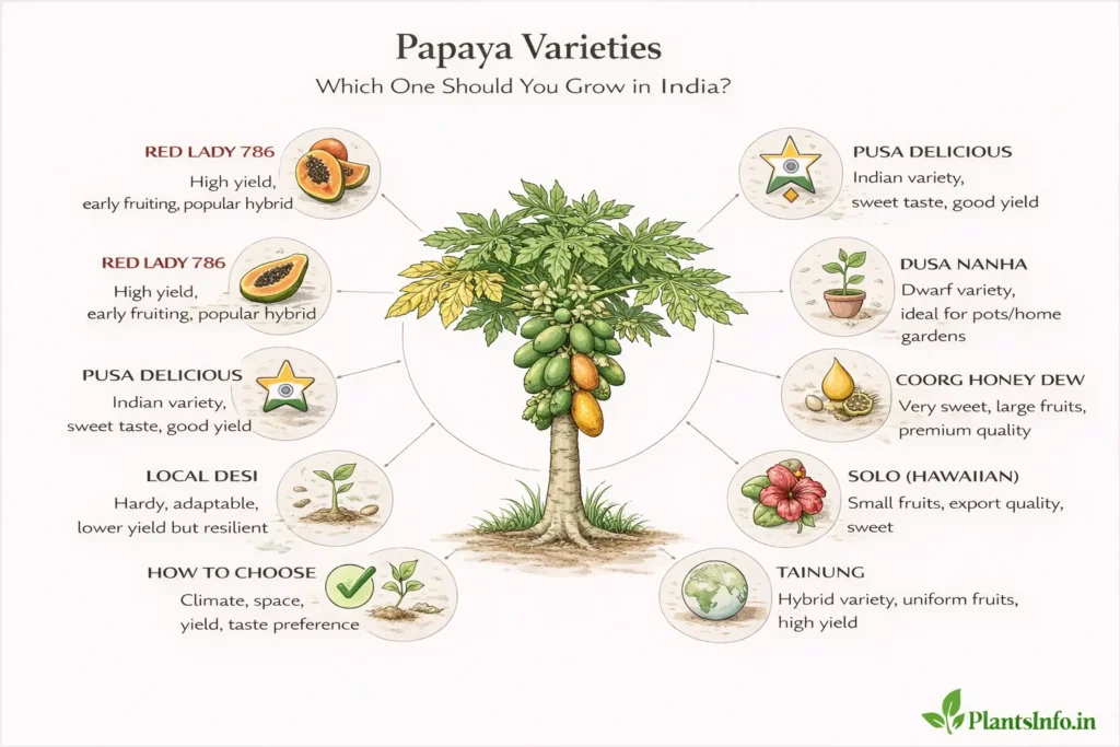 Semi-infographic botanical illustration of Carica papaya showing popular varieties in India including Red Lady 786, Pusa Delicious, Pusa Nanha, Coorg Honey Dew, Solo, Tainung, and local desi types with selection tips in a radial layout.