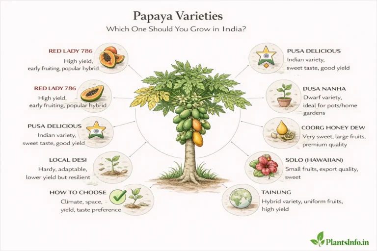 Semi-infographic botanical illustration of Carica papaya showing popular varieties in India including Red Lady 786, Pusa Delicious, Pusa Nanha, Coorg Honey Dew, Solo, Tainung, and local desi types with selection tips in a radial layout.