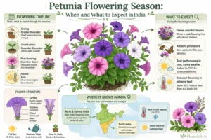 Landscape botanical infographic of Petunia × atkinsiana showing flowering season in India with sowing timeline, peak winter blooms, climate zones map, and care insights in a clean semi-infographic layout.