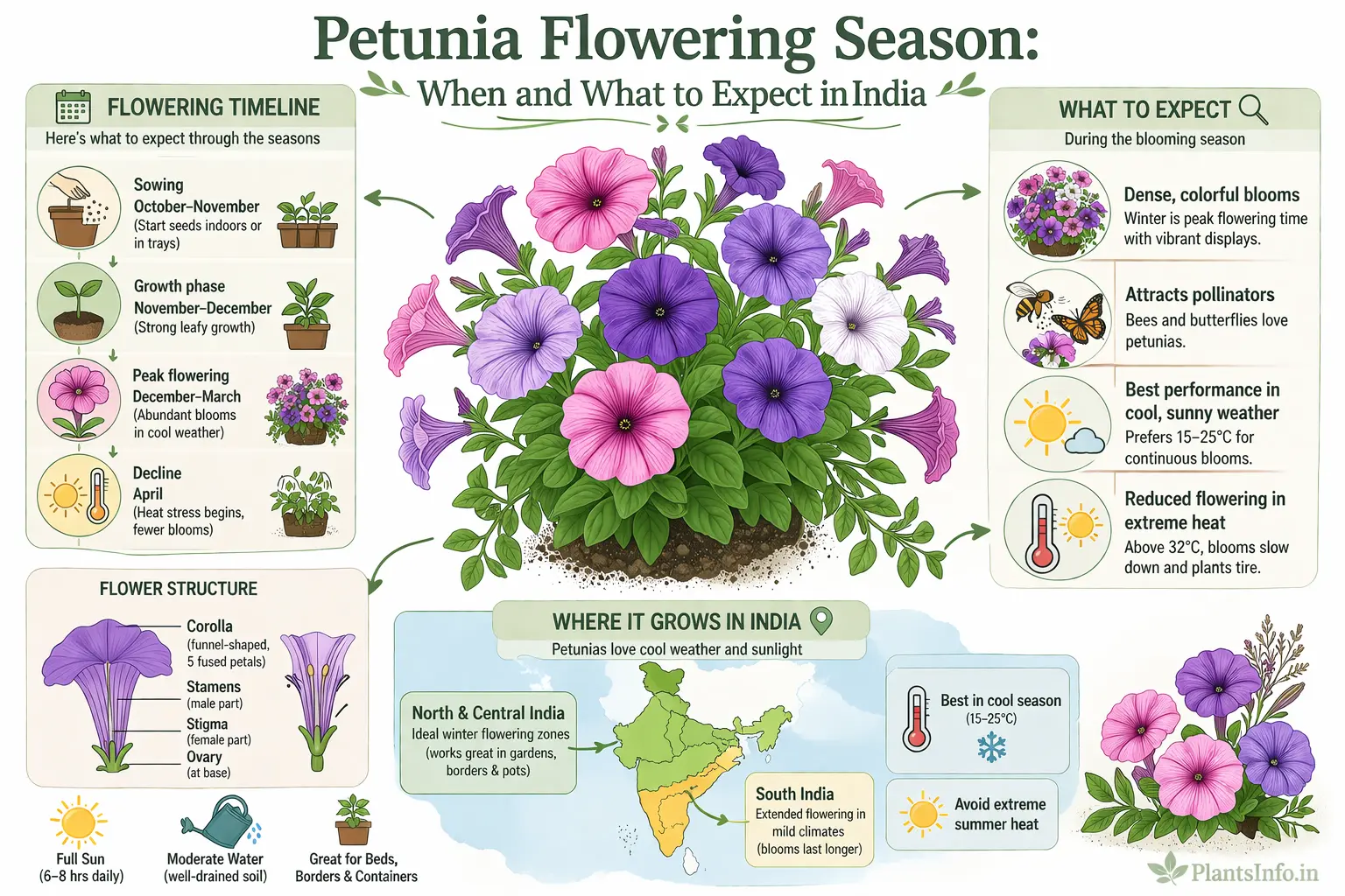 Landscape botanical infographic of Petunia × atkinsiana showing flowering season in India with sowing timeline, peak winter blooms, climate zones map, and care insights in a clean semi-infographic layout.