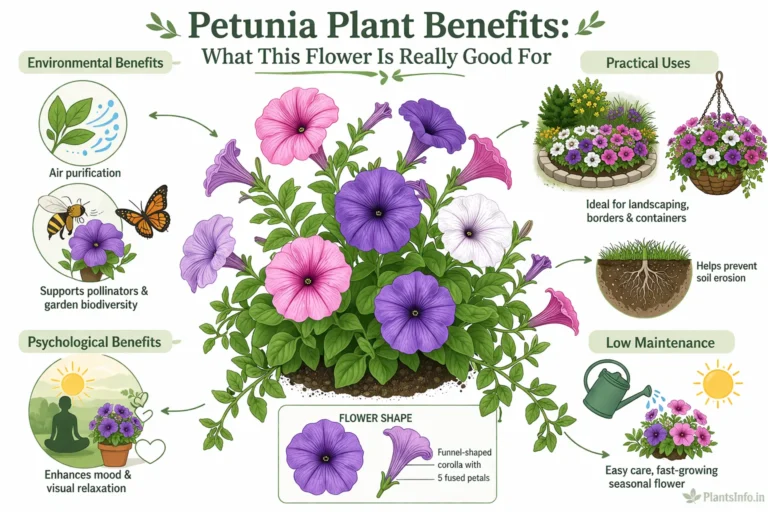 Landscape semi-infographic botanical illustration of Petunia × atkinsiana showing plant benefits including pollinator support, landscaping uses, mood enhancement, and low maintenance care, with central blooming flowers and labeled icons.