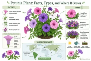 Landscape botanical infographic of Petunia × atkinsiana showing plant facts, types (Grandiflora, Multiflora, Wave), and global growing regions with a central flower illustration and labeled diagrams.