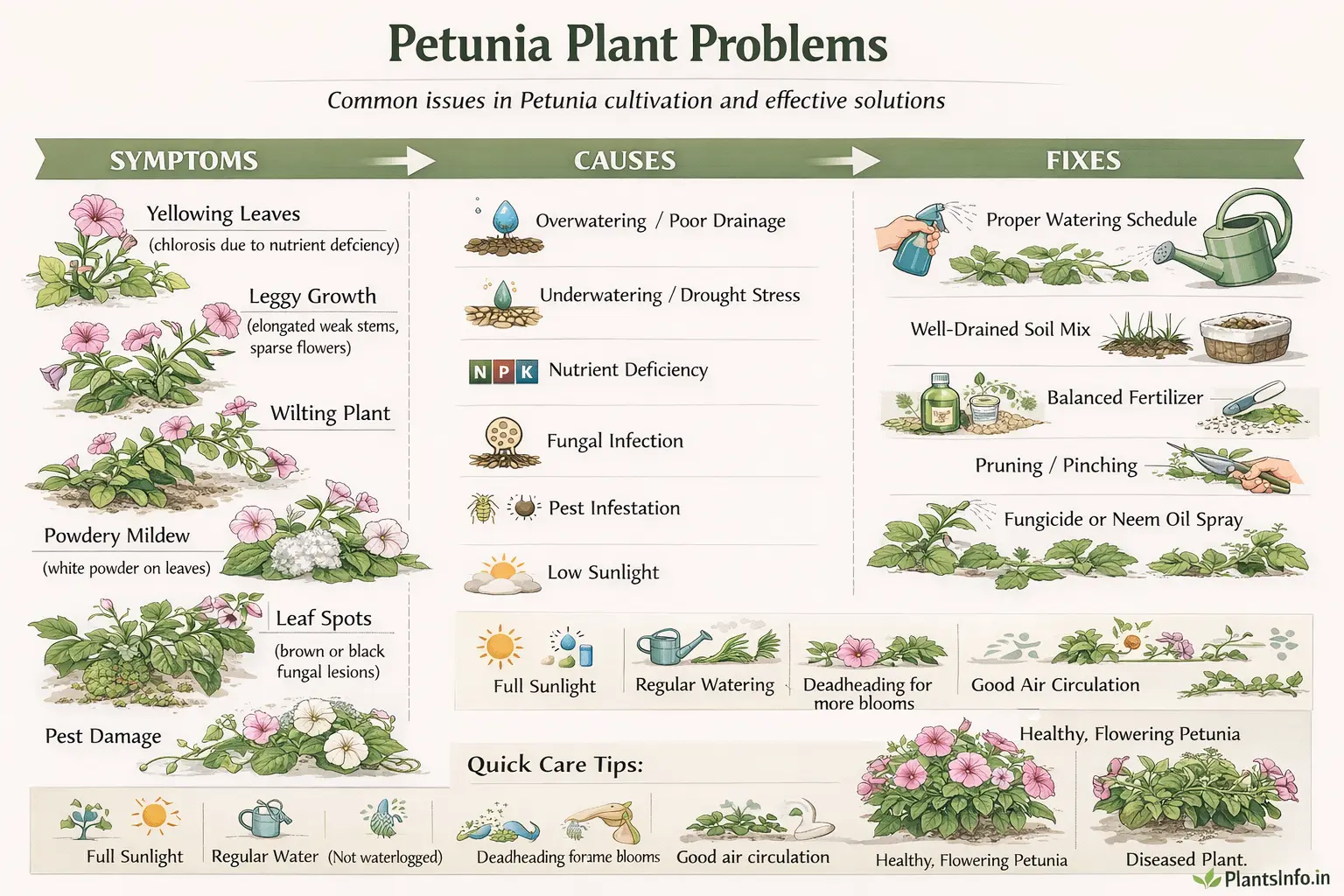 Semi-infographic botanical illustration of Petunia (Petunia × hybrida) plant problems showing symptoms like yellowing leaves, leggy growth, wilting, powdery mildew, leaf spots, and pest damage, along with causes and practical fixes including proper watering, fertilization, pruning, fungicide use, and pest control.